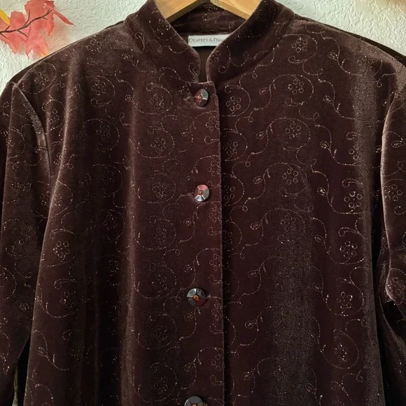 Draper’s & Damon's Vintage Brown Velvet Floral Glitter Button Down Shirt Size S - Picture 5 of 11